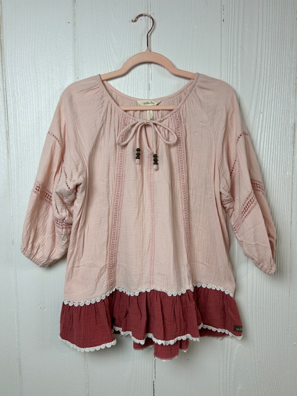 Matilda Jane Boho Peasant Top with Ruffle Hem - Blush Pink & Burgundy size M